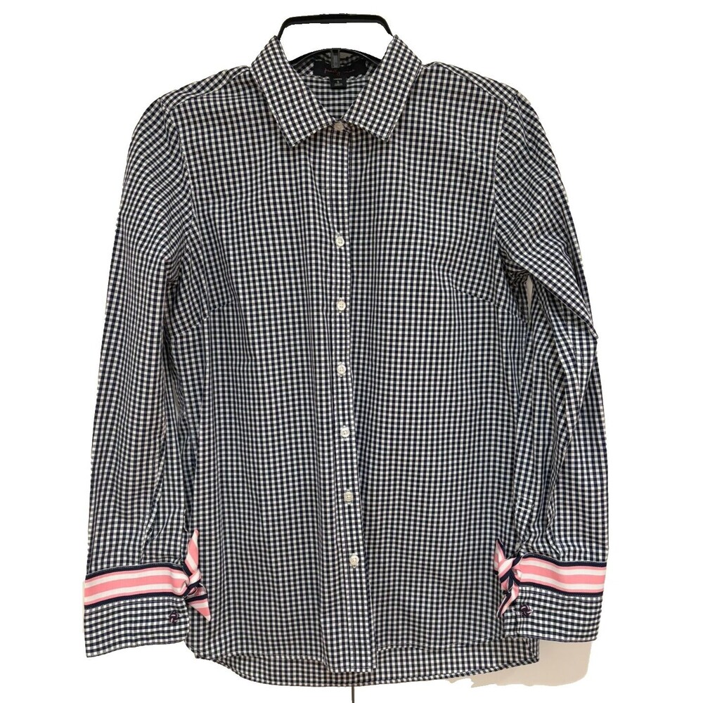 Pearly Vine Shirt Women’s Small Navy Blue Pink Gingham Plaid Ribbon Boutique EUC